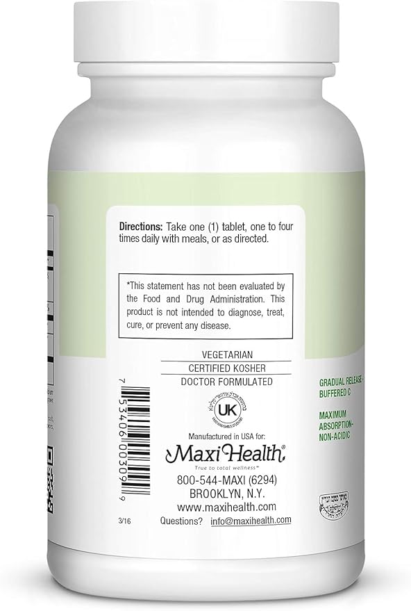 Maxi Health Vitamin C 1050mg – Buffered C Complex with Calcium Ascorbate &amp Bioflavonoids – Immune Support Supplement Non-Acidic Gentle on Stomach Gradual Release – 90 Tablets