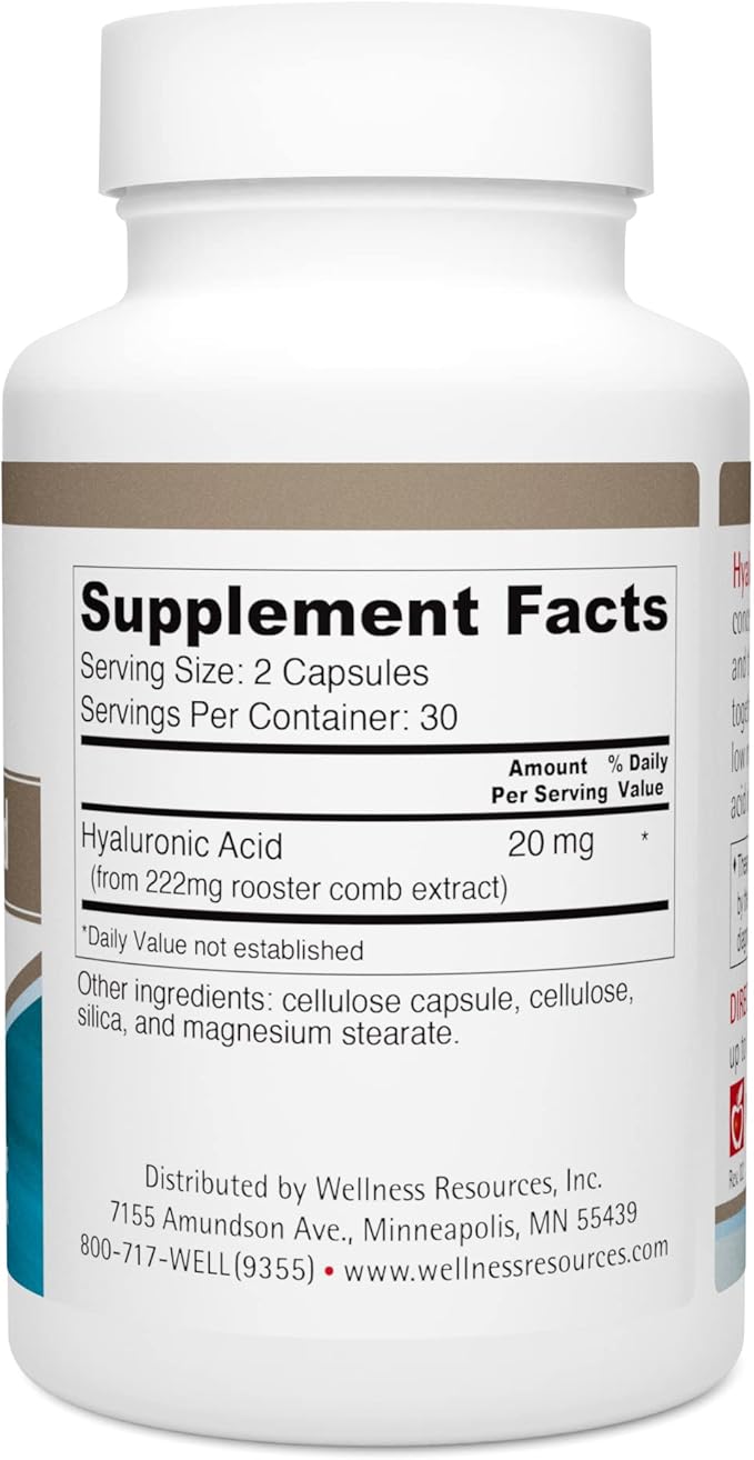 Wellness Resources Hyaluronic Acid from Rooster Comb 100% Natural Source Low Molecular Weight (60 Capsules)