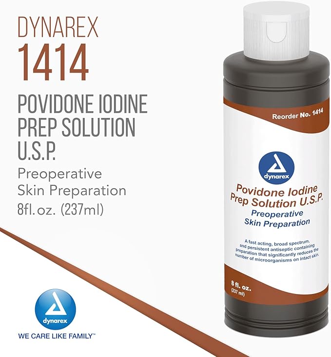 Dynarex Povidone-Iodine Prep Solution Antiseptic Solution for Skin and Mucosa Ideal for Surgical Site Preparation Contains Povidone Iodine 10%1 Case of 24 8 fl. oz. Bottles (Packaging May Vary)
