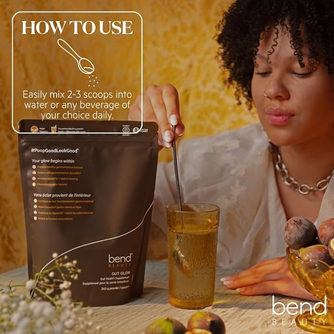 Bend Beauty Gut Glow | Daily Prebiotic Fiber Supplement Powder w/Tremella Mushroom Exract | Digestive Gut Health | 6g of Soluble Fiber per Serving | 100% Organic Vegan Sugar Free | Unflavored