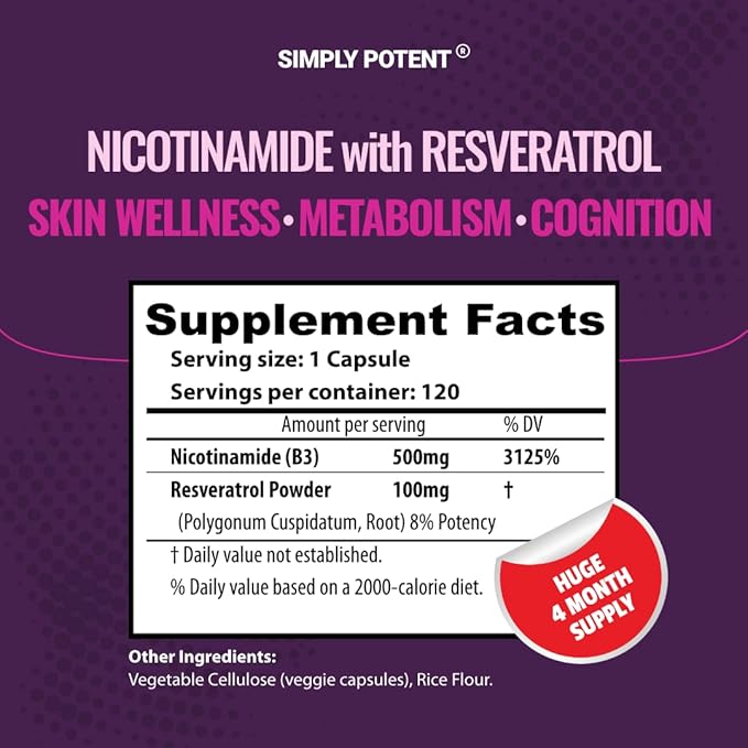 Simply Potent Nicotinamide 500mg with Resveratrol 100mg - 120 Veggie Capsules - Vitamin B3 Supplement Pills to Support NAD Skin Cell Health &amp Energy