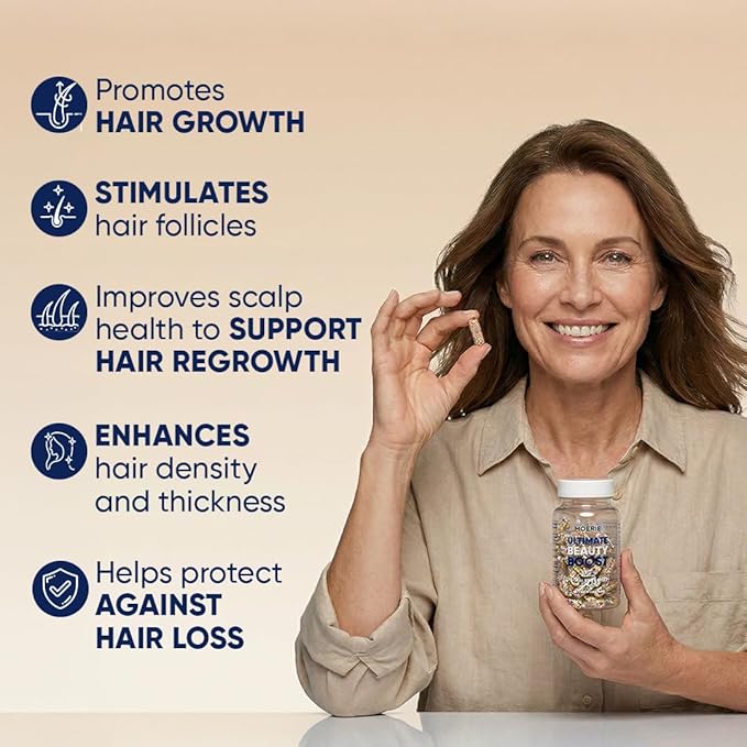 Moerie Hair Growth Supplement for Women &amp Men - Hair Skin and Nails Vitamins With Biotin Q10 &amp Minerals - For Thicker Fuller Hair &amp Hair Loss Treatment - Advanced Beadlet Delivery System