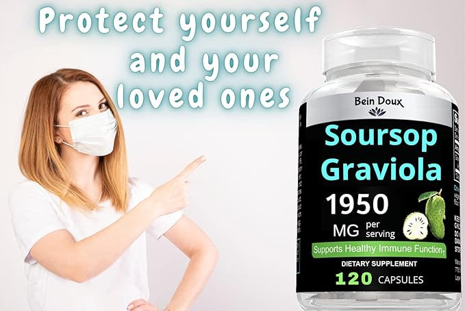 1950mg Soursop Graviola Capsules (Guanábana) Organic Leaves Powder Rich in Potent Anti-Oxidants - 120 Capsules 40 Servings