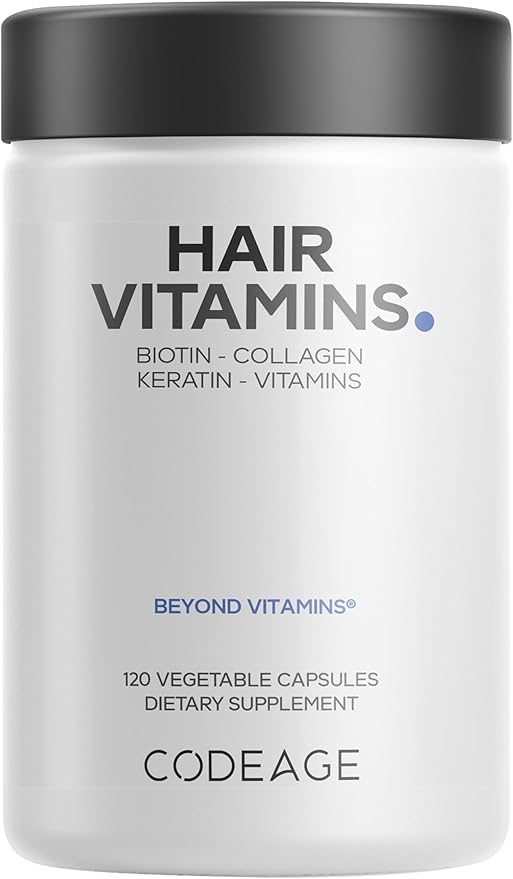 Codeage Hair Vitamins 10000 mcg Biotin Keratin Collagen Vitamin A B12 C D3 E Zinc Turmeric Probiotics Enzymes Inositol - Hair Care Support - Healthy Hair Supplement Pills - 120 Capsules