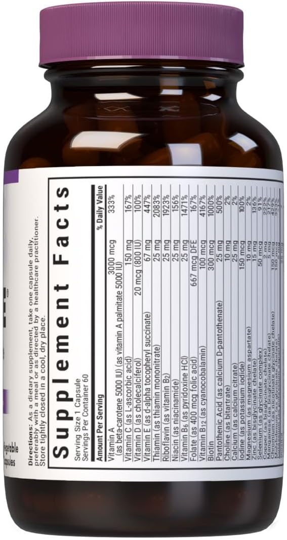 Bluebonnet Nutrition Multi One (iron Free) Vegetable Capsules for Complete Full Spectrum Multiple B Vitamins General Health Gluten free milk free kosher 60 Vegetable Capsules 2 Month Supply