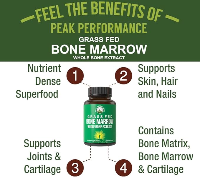 Peak Performance Grass Fed Bone Marrow - Whole Extract Supplement 180 Capsules - Superfood Pills Rich in Collagen Vitamins and Amino Acids - from Matrix Cartilage - Ancestral Tablets