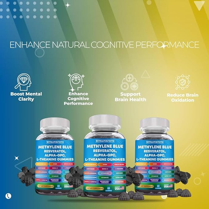 Sugar Free Methylene Blue Gummies Supplement with L-Theanine DIM Myo-Inositol D-Chrio Choline DHA for Mental Clarity Focus Brain Memory Cognitive Support Vitality Performance Neuroprotection