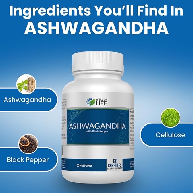 Well of Life Ashwagandha Supplements 1300mg Per Serving – with Black Pepper Extract for Calm Focus &amp Sleep Support | 60 Vegan Capsules Non GMO GMP Certified USA Made