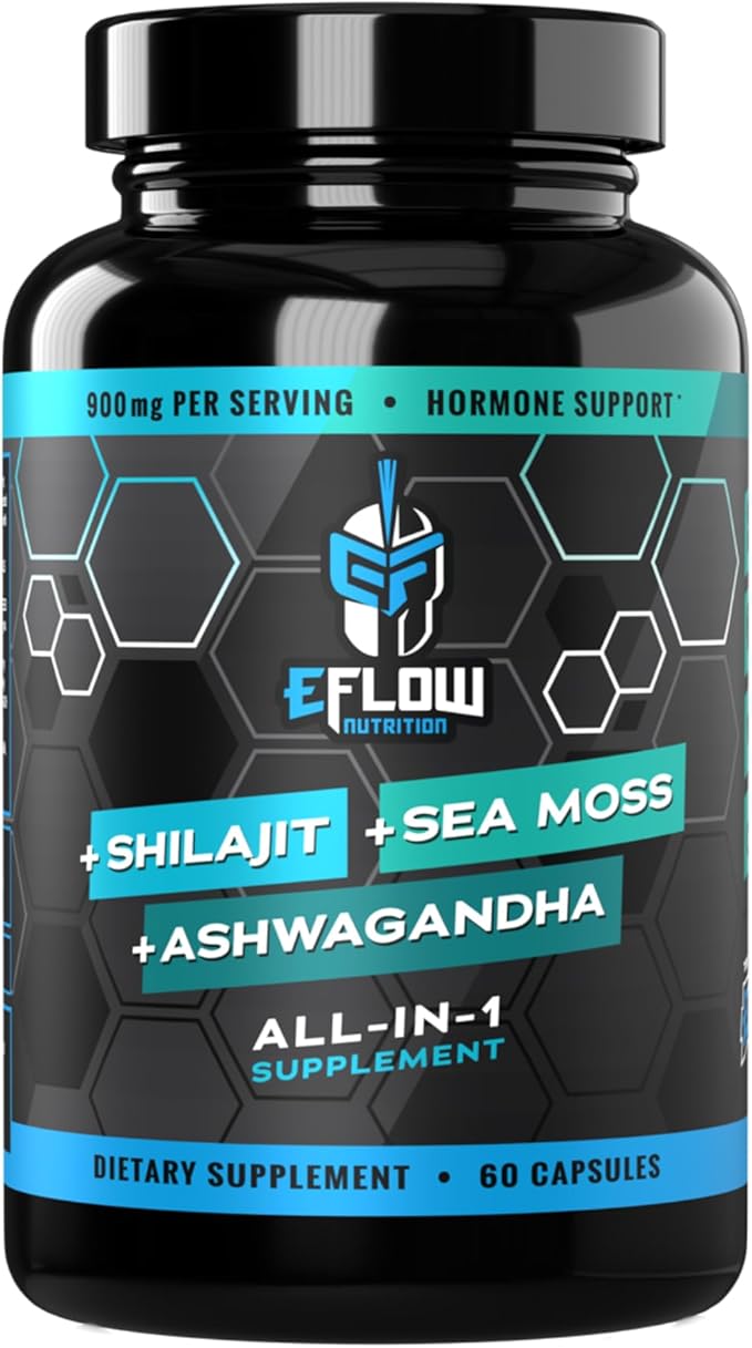 eFlow Nutrition Shilajit Capsules Ashwagandha Sea Moss [All-in-1] Trace Minerals Fulvic Acid Lab Tested Pure Himalayan Shilajit for Men &amp Women | Energy Vitality &amp Hormonal Support (60 Ca