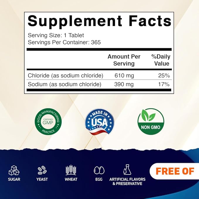 Vitamatic Sodium Chloride 1000mg – 365 Tablets Electrolyte Replenisher &amp Hydration Support – Non-GMO Gluten-Free -3 Bottles
