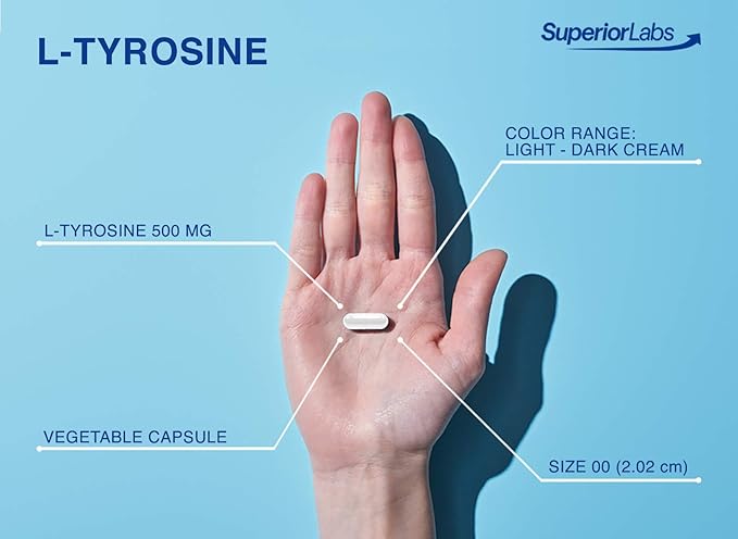 Superior Labs L-Tyrosine 500 mg Pure Non-GMO Nootropic Amino Acid High Absorption Mood &amp Focus Support Stress Relief Cognitive &amp Mental Clarity Thyroid &amp Alertness Support120 Veg Ca