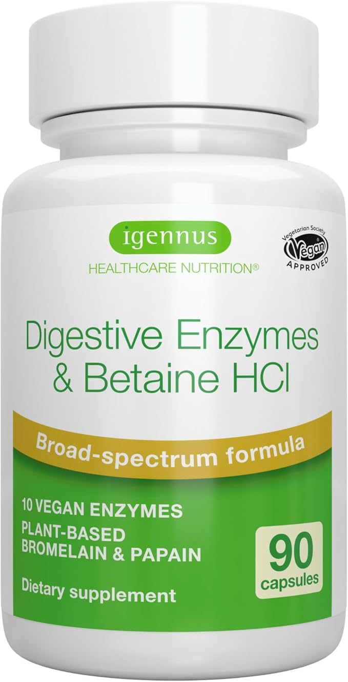 Igennus Fast Action Digestive Enzymes &amp Betaine HCl 10 Broad Spectrum Enzymes with Protease Lipase &amp Lactase Papain &amp Bromelain Plant-Based Vegan Clean Label for Women and Men 90 Ca