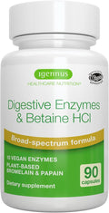 Igennus Fast Action Digestive Enzymes &amp Betaine HCl 10 Broad Spectrum Enzymes with Protease Lipase &amp Lactase Papain &amp Bromelain Plant-Based Vegan Clean Label for Women and Men 90 Ca