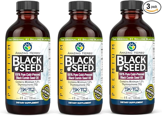 Amazing Herbs Premium Black Seed Oil - Gluten Free Non GMO Cold Pressed Nigella Sativa Aids in Digestive Health Immune Support Brain Function - 4 Fl Oz (Pack of 3)