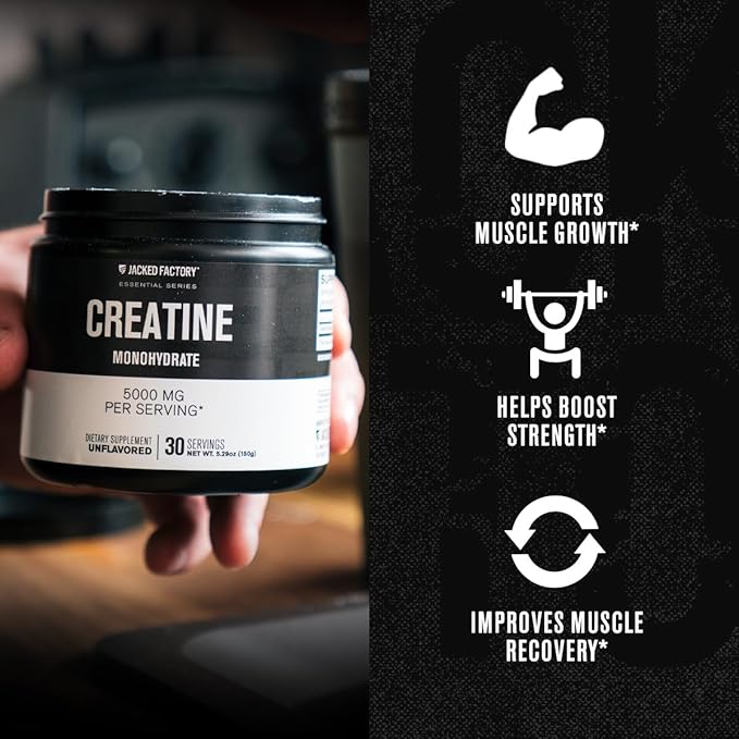 Jacked Factory Creatine Monohydrate Powder 150g - Creatine Supplement for Muscle Growth Increased Strength &amp Essentials Muscle Builder - Daily Muscle Builder with PeakATP (30 Capsules)