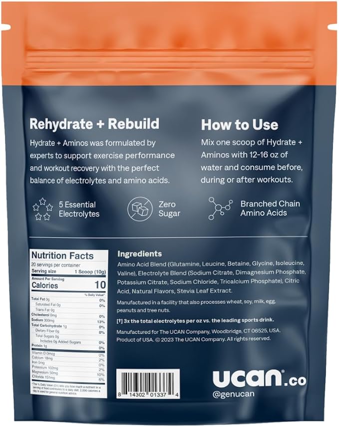 UCAN Hydrate + Aminos Orange 20 Serving Bag Keto Sugar-Free Electrolyte + Muscle Recovery Essential Electrolytes + EAAs &amp BCAAs Non-GMO Vegan for Runners Gym-Goers Performance Athletes