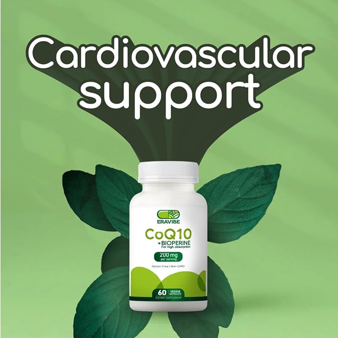 Pure CoQ10 Energy Support High Absorption with Bioperine 200 mg per Serving 60 Veggie Capsules Gluten-Free Non-GMO