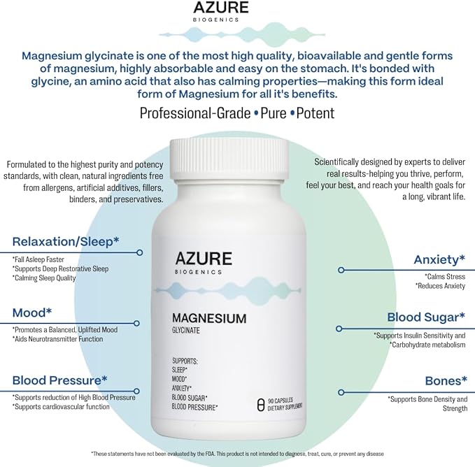 Pure Magnesium GLYCINATE - High Absorption Chelated Magnesium for Relaxation Mood Muscle &amp Sleep Support* - Potent 275 mg - Vegan Gluten Free 90 Capsules