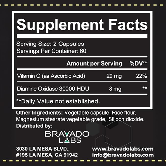 Bravado Labs DAO Supplements Histamine Blocker - Extra Strength 30000 HDU DAO Enzyme + Diamine Oxidase &amp Vitamin C for Daily Histamine Metabolism &amp Immune Support - 120ct