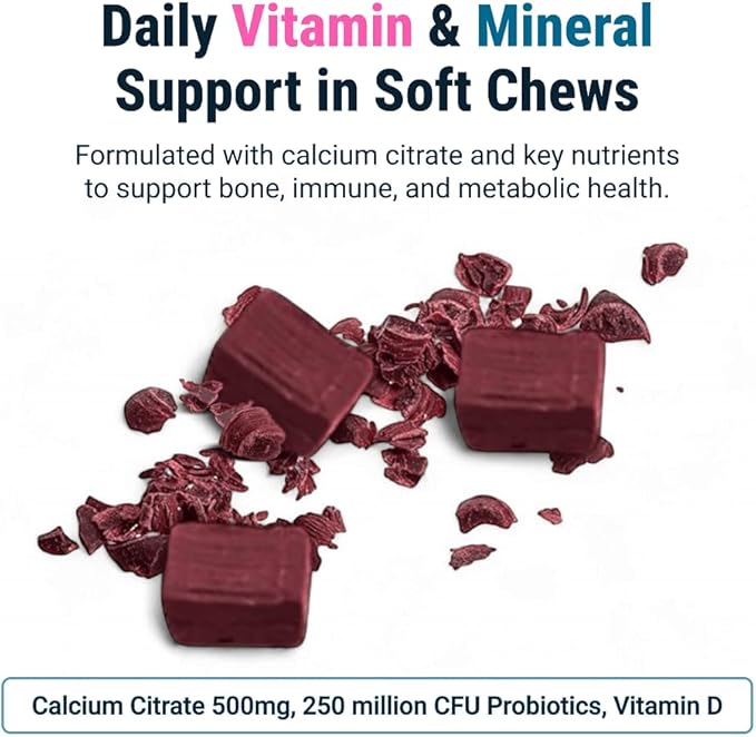 BariatricPal Sugar-Free Calcium Citrate Soft Chews | 500mg with Vitamin D &amp Probiotics | Wild Grape | 90 Count (1 Month Supply)