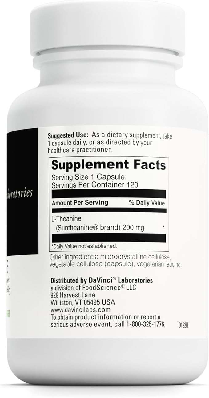 DAVINCI Labs L-Theanine - Dietary Supplement to Help with Concentration Focus Relaxation and Irritability* - with 200 mg L-Theanine per Serving - 120 Vegetarian Capsules