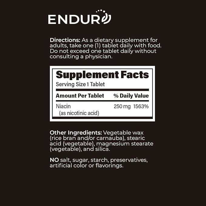 ENDUR-ACIN - Niacin B3 - ER (Extended Release) 250 mg - Nicotinic Acid - Healthy Heart &amp Cholesterol Balance Supplement - Low-Flush High-Potency Niacin with 4–8 HR Timed-Release Matrix - 200 Table