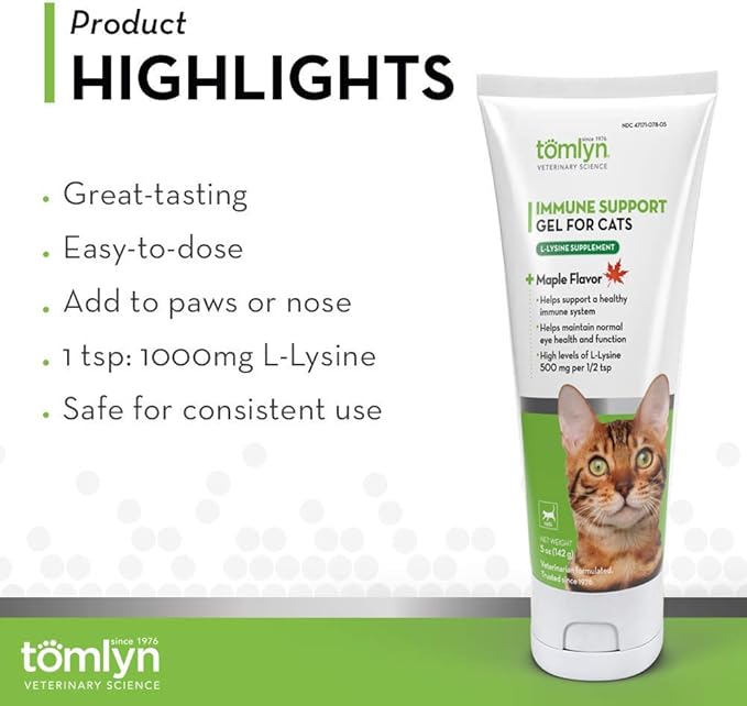 Tomlyn Immune Support Daily L-Lysine Supplement: Maple-Flavored Lysine Gel for Cats and Kittens 5oz