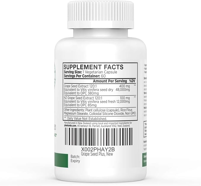 Grape Seed Extract Plus-Vitis Vinifera (60 Capsules)-60000 mg Strength 60 Vegan Capsules 465mg Polyphenols (Proanthocyanidins) Potent 120:1 2 Month Supply Non-GMO and All-Natural