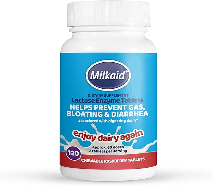 Milkaid Lactase Enzyme Drops Tablets for Lactose Intolerance Relief | Prevents Gas Bloating &amp Diarrhea | Dairy Digestive Supplement | 0.5 Fl Oz &amp 120 Raspberry Flavored Tablets