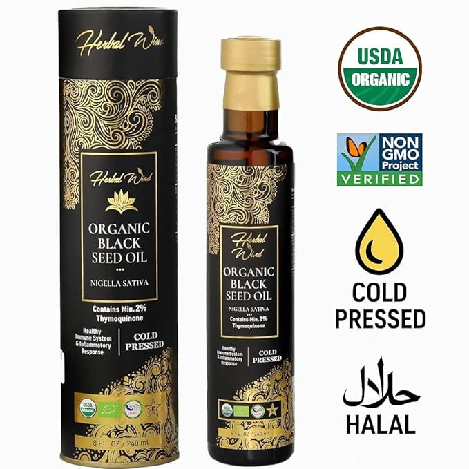 Herbal Wind Black Seed Oil: Cold Pressed USDA Organic Black Seed Oil Liquid - Turkish Nigella Sativa Black Cumin Seed Oil with Min. 2% Thymoquinone for Immune Support Joint Health and More - 8 Fl Oz