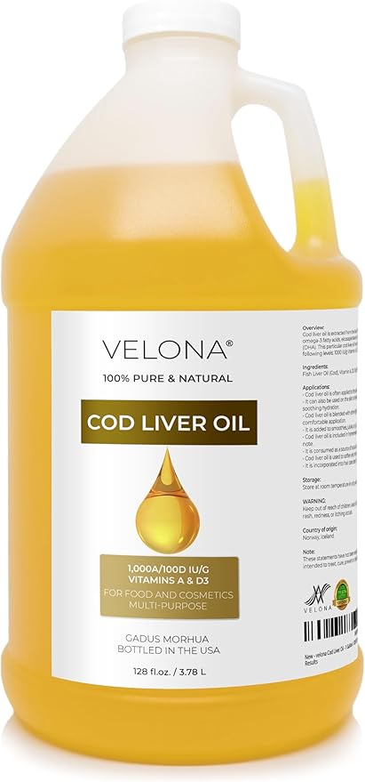 velona Cod Liver Oil - 1 Gallon / 128 Fl Oz | 1000A/100D IU/g Omega 3 Vitamins A &amp D3 | Norwegian Arctic Sustainably Sourced Nordic Oil | Hair Body and Skin Care | Use Today - Enjoy Results