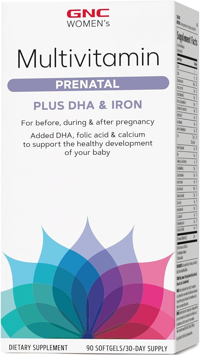 GNC Women's Prenatal Multivitamin Formula with DHA &amp Iron Support Pregnancy and Healthy Baby Development Essential Nutrients Folic Acid Zinc Calcium Plus B Vitamins 90 Softgels