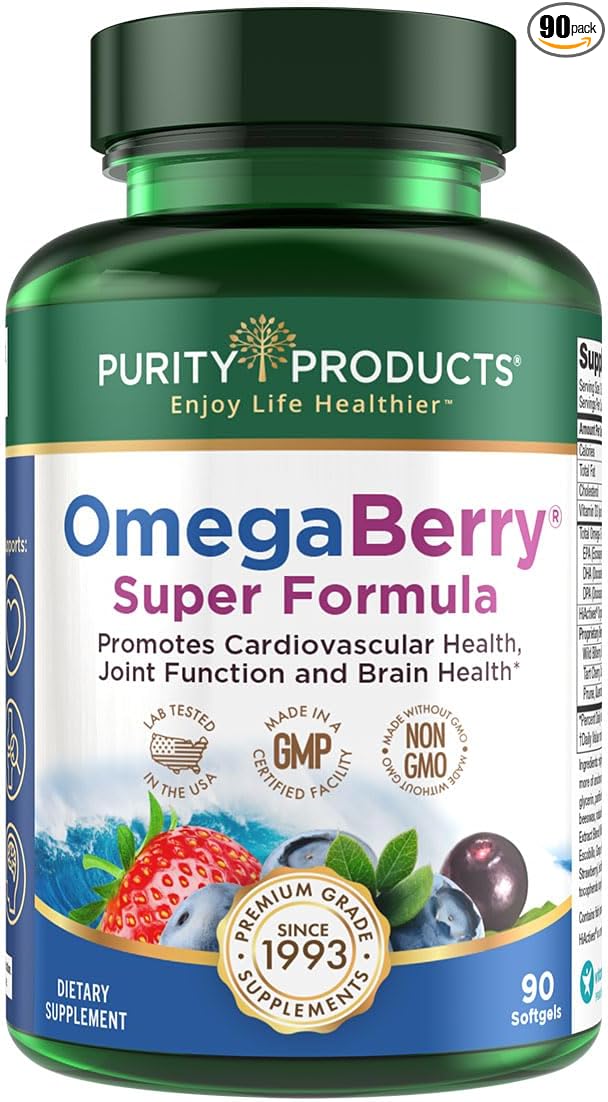 Purity Products OmegaBerry Fish Oil w/Vitamin D3 + Organic Acai Super Formula - 1875 mg of Concentrated Molecularly Distilled Ultra Pure Omega-3s 1080 mg EPA + 720mg DHA + 120 mg DPA - 90 Count