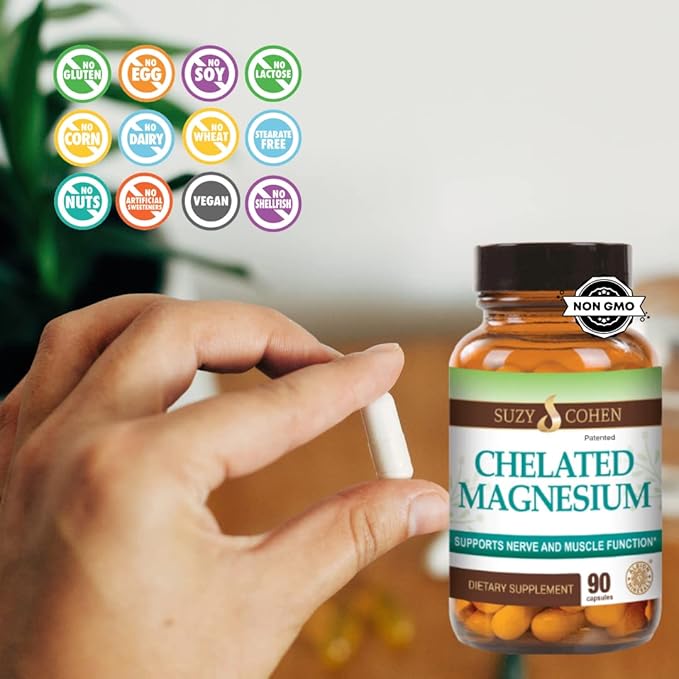 Chelated Magnesium Capsules 45 Servings - Supports Nerve and Muscle Function - 90 Capsules - by Suzy Cohen RPh