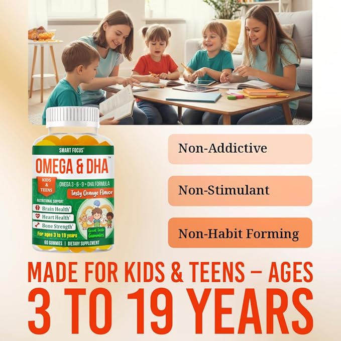 Focus Supplement for Teens &amp Kids – Brain Focus Gummies for Concentration Memory Clarity &amp Attention | Omega DHA Plant-Based 60 Gummies | Teen Brain Vitamins &amp Kids Focus Vitamins – Fish