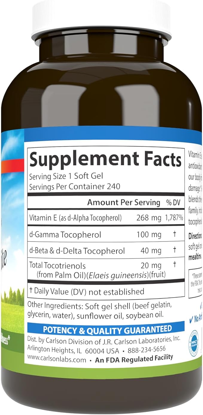 Carlson - E-Gems Elite 400 IU Vitamin E with Tocopherols &amp Tocotrienols Vitamin E Capsules Heart Health &amp Optimal Wellness Antioxidant Vitamin E Supplement 240 Softgels