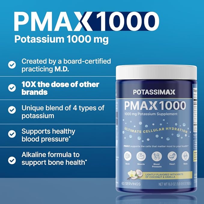 PMAX1000 High Dose Pure Potassium Electrolyte Supplement Powder 1000mg 4-Type Potassium Blend-Citrate Gluconate BicarbonateChloride. Supports Healthy Blood Pressure Heart Kidneys Bones Muscles