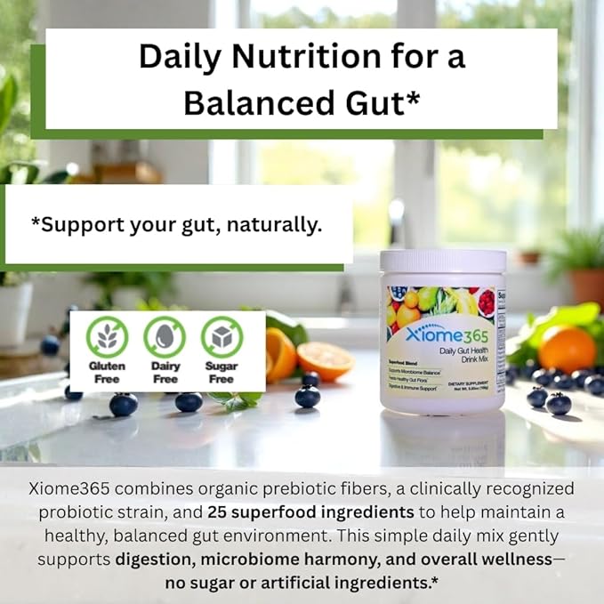 Xooma Xiome365 Gut Health Drink Mix – Organic Prebiotic Fiber + Polyphenols + B. Coagulans | Supports Gut Lining &amp Microbiome | No Sugar Dairy-Free Great Taste | Daily Gut Support Powder