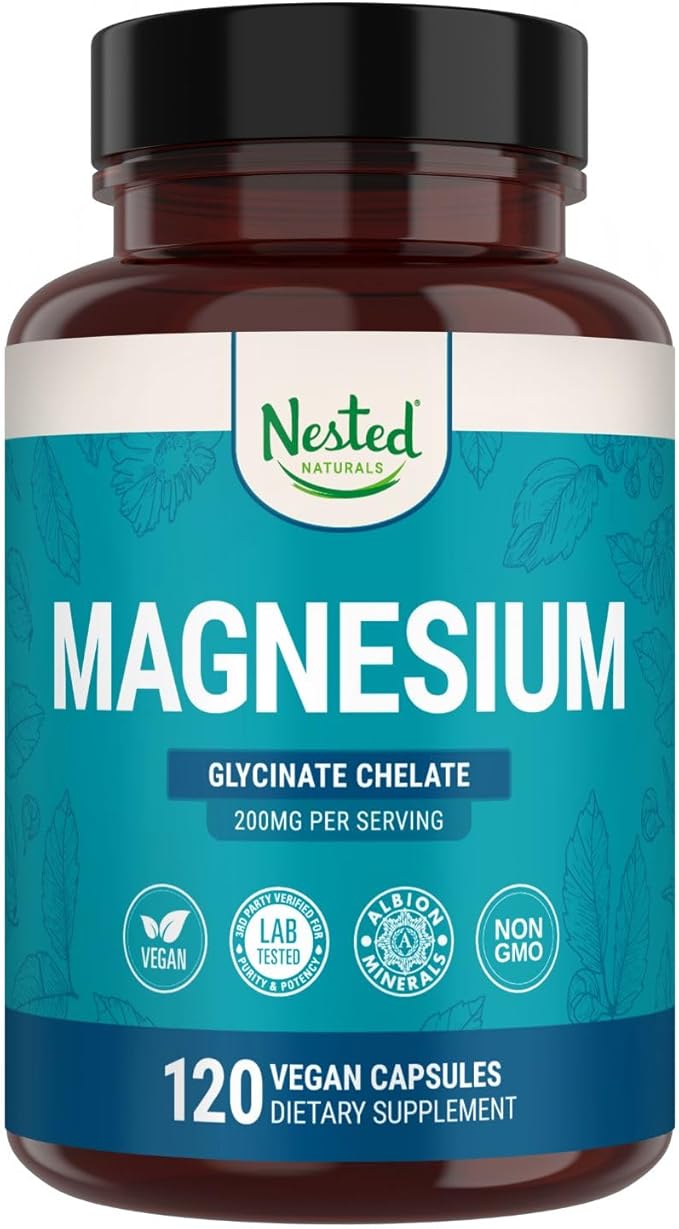 Nested Naturals Magnesium Glycinate Chelate - 200mg Chelated Magnesium Supplement for Muscle Cramps Relaxation &amp Sleep Support - 100% Albion TRACCS Buffered Magnesium Glycinate - 120 Vegan Capsu