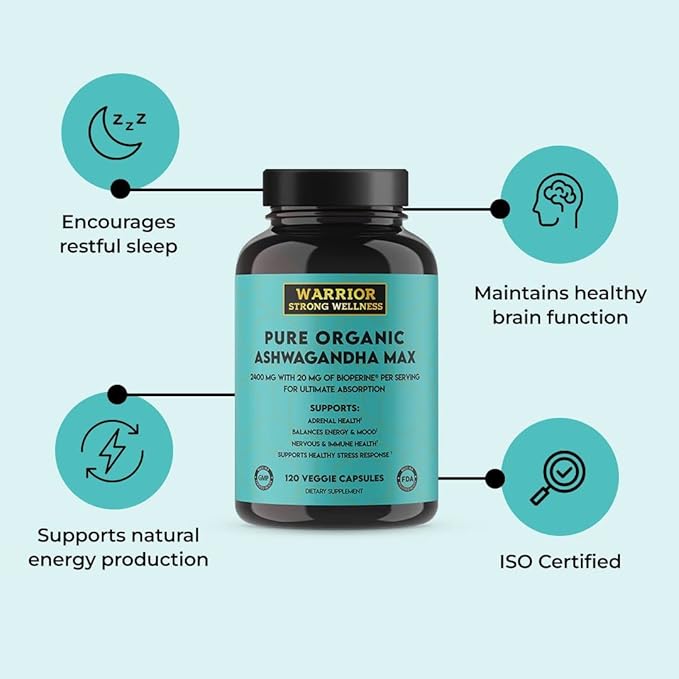 Pure Organic Ashwagandha Capsules with Bioperine - 2400 mg - 120 Capsules - Healthy Stress Response and Mood Boost Immune Health Better Sleep