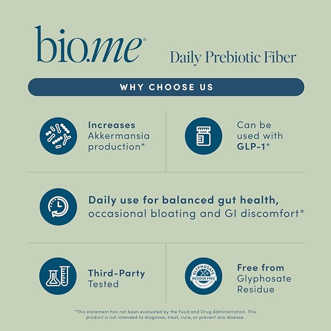 Bio.me Daily Prebiotic Fiber Powder Unflavored - 20 Travel Packs 7g Per Serving - Soluble &amp Insoluble Fiber Supplement for Women &amp Men - Digestive Health &amp Gut Health - GLP-1 Friendly Su