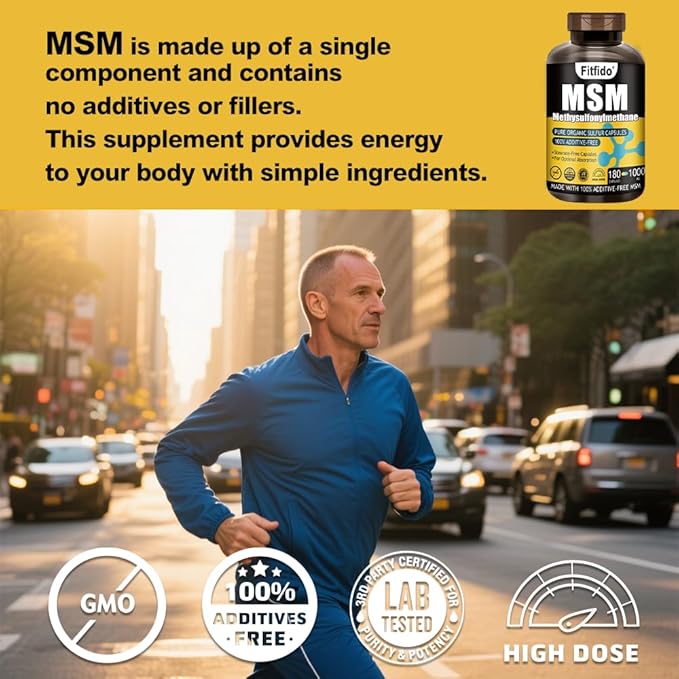 MSM Capsules 1000mg - Organic Sulfur Supplement for Joint Health Functional Wellness Hair Skin &amp Nails Non-GMO Gluten Free 180 Capsules