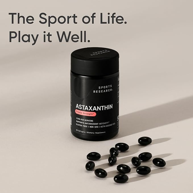 Sports Research® Triple Strength Astaxanthin 12mg w/Organic Coconut Oil - Antioxidant Supplement for Skin &amp Eye Health Support* - Soy Free · Non-GMO · Gluten Free - 60 Softgels