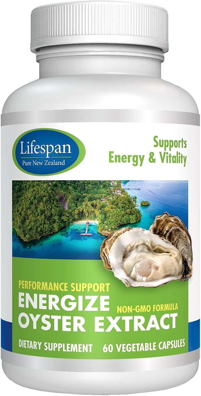 Energize Oyster Extract Highly Concentrated Supplement for Men &amp Women - Zinc Taurine Amino Acid Supports Wellbeing and Energy - 500mg 60 Veg Capsules by Lifespan