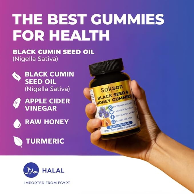 Sakoon nutrition Black Seed Oil Gummies with Honey and W/ 2%+ THYMOQUINONE - Nigella Sativa Seeds - Super antioxidant for Immune Support Joints Digestion Hair &amp Skin - 60 Gummies