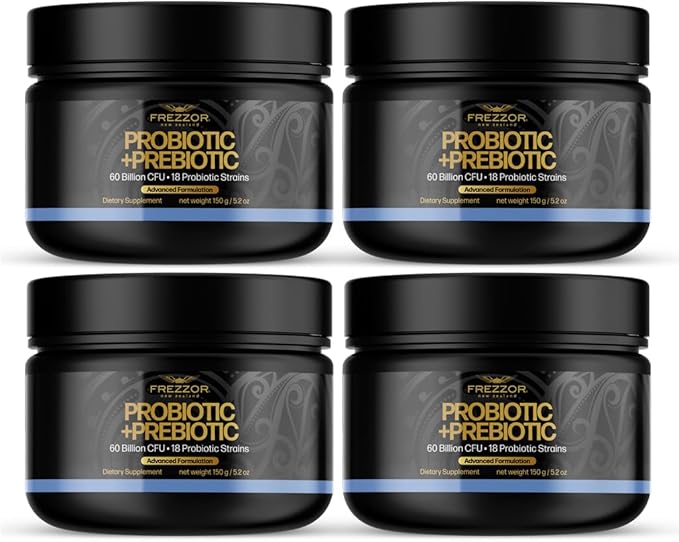 FREZZOR Probiotic + Prebiotic Powder Once Daily 60 Billion CFUs Digestive Health for Men and Women 18 Strains Shelf Stable with Fermented Wholefoods Prebiotic &amp Fibre 4Pk 600g 4 Month Sup