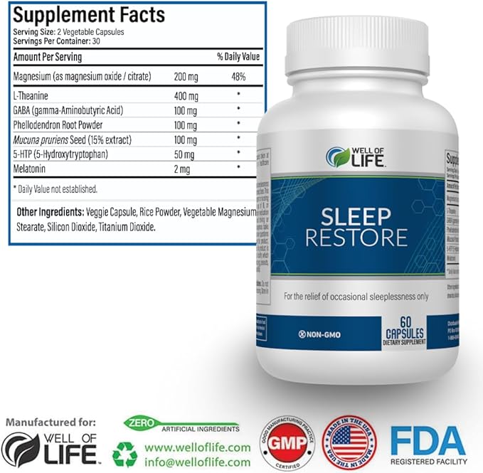 Well of Life Sleep Restore Supplement with Melatonin &amp Magnesium – Tranquil Sleep Support with L-Theanine GABA 5-HTP | Supports Relaxation &amp Calm Night Routine | 60 Vegan Capsules