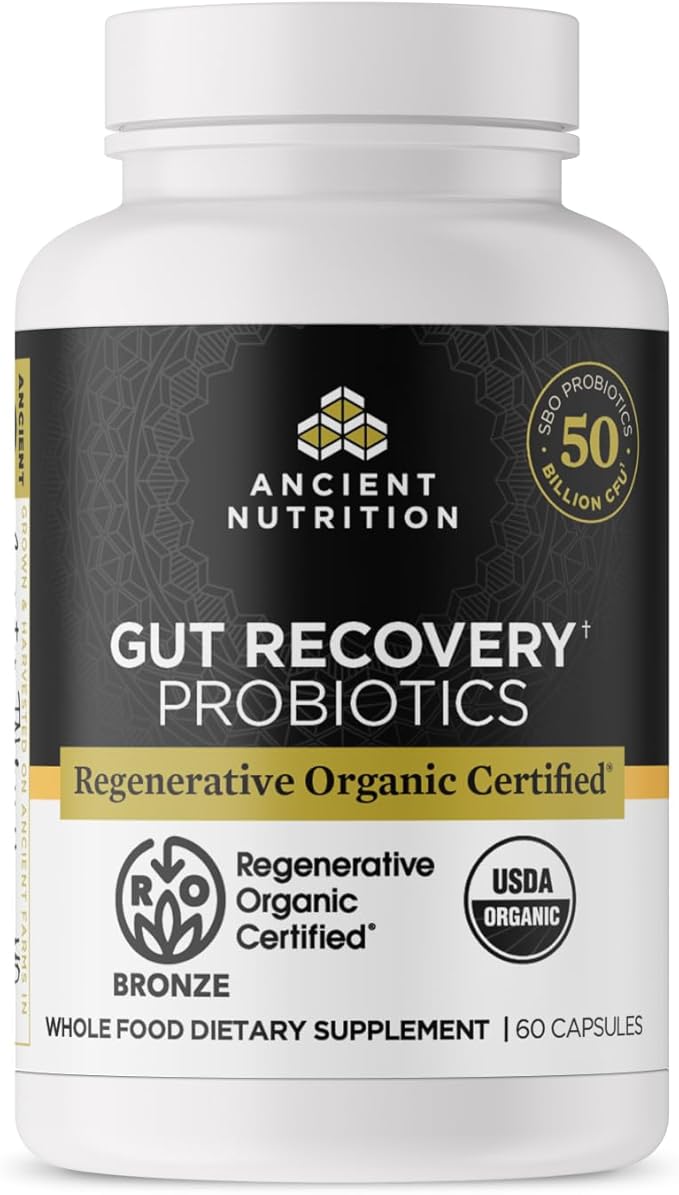 Ancient Nutrition Regenerative Organic Certified Probiotics for Gut Recovery Probiotics Gut Recovery for Healthy Digestion and Immune System Function Support 50 Billion CFUs* Per Serving 60 Count