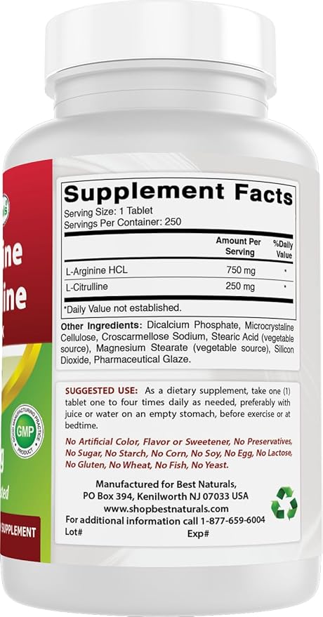 Best Naturals L-Arginine L-Citruline Complex Tablets 250 Count