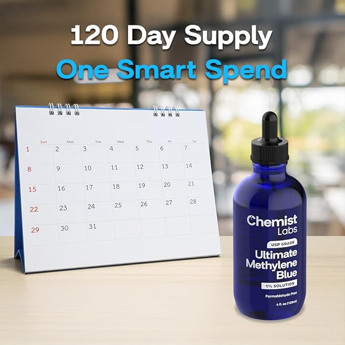 Methylene Blue – 1% Solution | 99.99% USP-Grade Liquid Drops –Mitochondrial &amp Cellular Support – 4oz (120ml) – Formaldehyde-Free – Made in USA